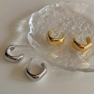 Thick Hoop Earrings Minimalist C-Shaped Brass Gold Plated Mirror Polished Geometric French Style Niche Jewelry For Women