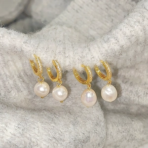 Freshwater Pearl Drop Hoop Earrings With Zircon French Retro Elegant Women Jewelry With 925 Sterling Silver Earring Post