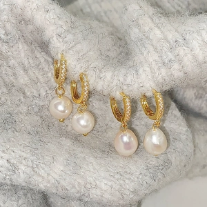 French vintage gold earrings with freshwater pearls and micro-pave cubic zirconia accents