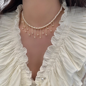 Collana Di Perle Naturali D'Acqua Dolce Barocche Stile Francese Vintage Rame Placcato Oro Con Frange Per Donna