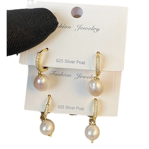 French vintage gold plated earrings with freshwater pearl charms and zircon accents