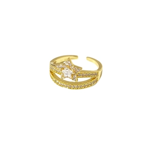 Adjustable gold plated star ring with double rows of sparkling cubic zirconia stones