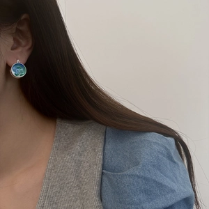 French vintage enamel stud earrings with blue-green oil painting texture in gold finish