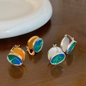 French vintage enamel drop earrings with gold and silver plating and marble texture