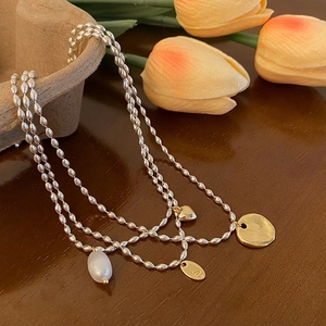 Collier Pendentif Cœur Vintage Français Pour Femmes Chaîne En Cuivre Avec Perle D'eau Douce Bijoux Élégants Disque Chic