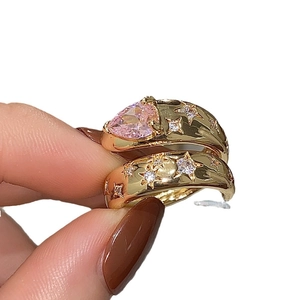 Golden double layer ring set with pink zircon heart and sparkling star accents