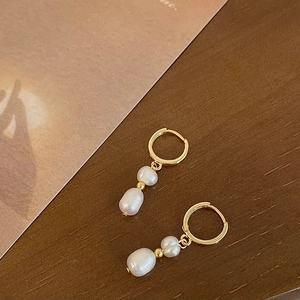 Natural Freshwater Pearl Earrings Baroque Irregular Double Pearl French Retro Copper Gold Plated Hoop Earrings For Women