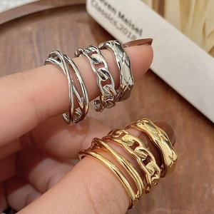 Geometric Rings Copper Triple Layer Cross Cuban Chain Star Engraved Vintage Trendy Fashion Jewelry For Women