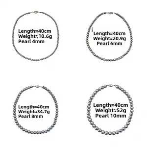 Comparison of 4mm to 10mm grey pearl necklaces with vintage clasp in multiple sizes