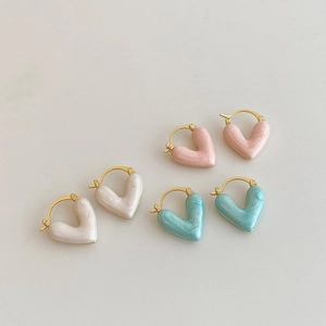 French vintage heart-shaped earrings in pink, pearl white, and blue with gold plating