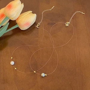 Minimalist Floating Artificial Pearl Necklace With Invisible Fishing Line Copper Gold Plated Beads Elegant Jewelry For Women