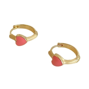 Elegant gold-plated heart earrings with pink matte glaze finish in a sleek huggie design
