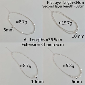 Collage of four minimalist silver necklaces with size and weight detail specifications