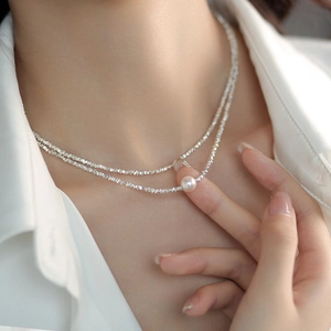 Minimalist Necklace White Artificial Pearl Silver Color Crushed Metal Beads Fashionable Clavicle Chain For Women