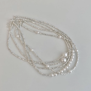 Minimalist silver irregular bead and white pearl multilayer necklace for women