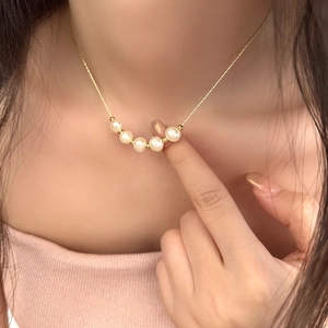 French style pearl necklace with five round pearls on a 14k gold plated chain for women