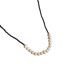 Handmade freshwater pearl and black crystal beaded necklace with gold plated clasp