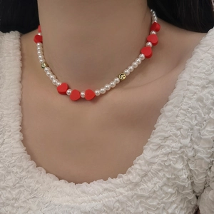 Collier Et Bracelet Künstliche Perles D'Imitation Avec Cœurs Rouges Et Smileys Dorés Bijoux En Cuivre Plaqué Pour Femmes Et Filles