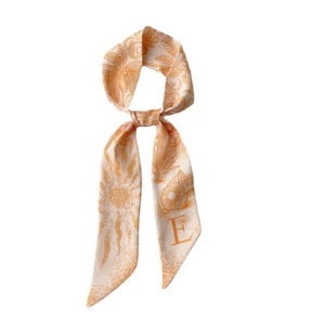 Foulard étroit en soie avec lettre E et imprimé palmier orange de style vintage