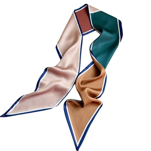 Elegant geometric patchwork silk twilly scarf with satin finish in wave arrangement