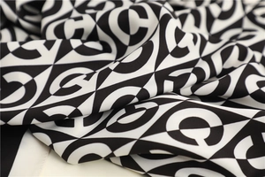 Close-up of geometric C-pattern print and silky texture on 90cm square scarf
