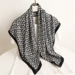 Elegant 90cm black and white geometric silk scarf with abstract letter pattern for women