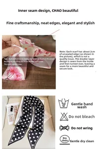 Detail of pink floral and black polka dot narrow silk scarves with sewing process info