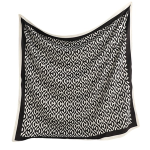 Elegant 90cm black and white square silk scarf with repeating C-letter geometric patterns