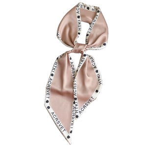 Elegant pink silk long ribbon scarf with floral rose print and contrast white border