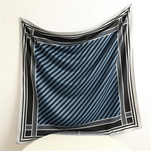 Close-up of blue and black diagonal striped silk scarf with multi-layer borders