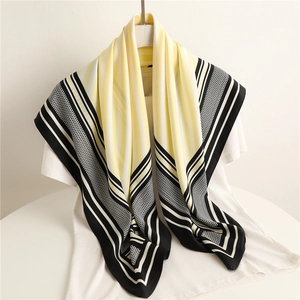 90cm silk scarf with yellow, black and white geometric houndstooth and stripe patterns
