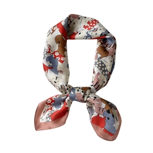 Elegante foulard in seta 70cm con gatti a cartoni animati e bordi rosa pastello