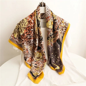 Large Square Scarf Satin Feel Polyester Animal Print Leopard Sun Moon Star Floral Tropical Twill Shawl For Women
