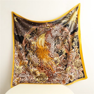 Detail of silk square scarf featuring leopard and tropical palm patterns with golden hues