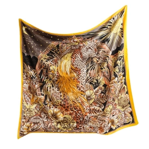 90cm silk-like square scarf featuring leopard, celestial sun moon and star patterns