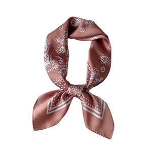 Dusty pink paisley silk-like square scarf with white polka dot border and elegant pattern