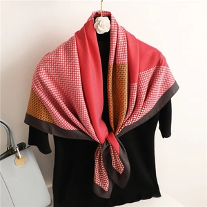 Elegant geometric color-block silk scarf for women in red and orange tones