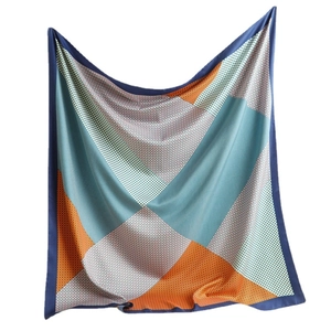 Elegant 90cm square silk scarf with geometric color block patterns and polka dots