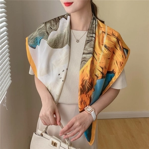 Detailed drape of sunflower oil painting style silk shawl for sun protection
