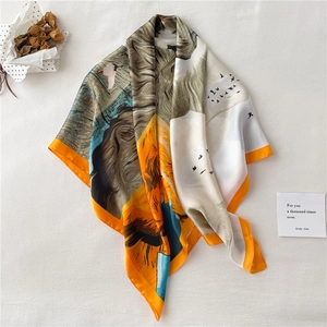 Large Square Scarf Faux Satin Artistic Oil Painting Print Sun Protection Shawl Wrap Vintage Elegant For Women