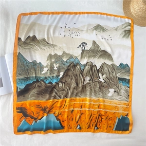90cm square silk scarf featuring a traditional Chinese landscape painting and cranes