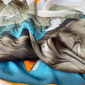 Silk-textured square scarf with Chinese landscape painting print and bird elements