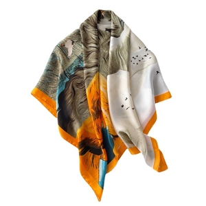 Artistic oil painting style silk scarf with bird pattern and warm orange borders