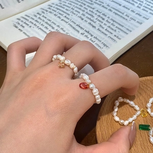 Freshwater pearl beaded rings with colorful zircon charms for women vintage summer style