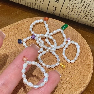 Freshwater Pearl Beaded Ring With Colored Zircon Pendant Retro French Style Elegant Finger Jewelry For Women