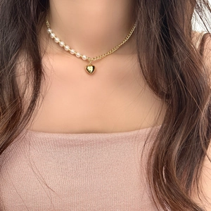 Heart Pendant Necklace Asymmetric Copper Chain Fresh Water Artificial Pearl French Style Elegant Jewelry Women