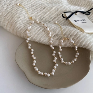 Elegant White Artificial Pearl Necklace And Bracelet With Gold Plated Alloy Spacer Beads French Retro Style Jewelry For Women