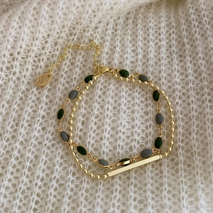 Double Layered Bracelet Copper Gold Plated With Green And Gray Oval Beads French Retro Geometric Style For Women