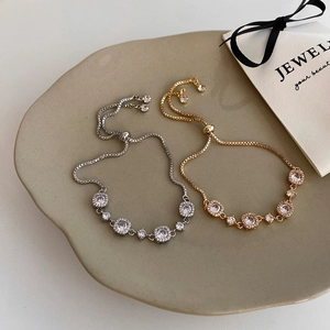 Adjustable Zircon Bracelet Women Copper Plated Gold Silver Halo Round Cubic Zirconia Bolo Chain Minimalist Jewelry