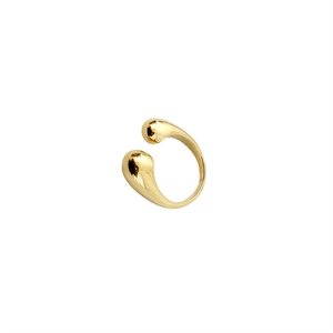 Minimalist gold-plated open ring with smooth water drop ends on white background